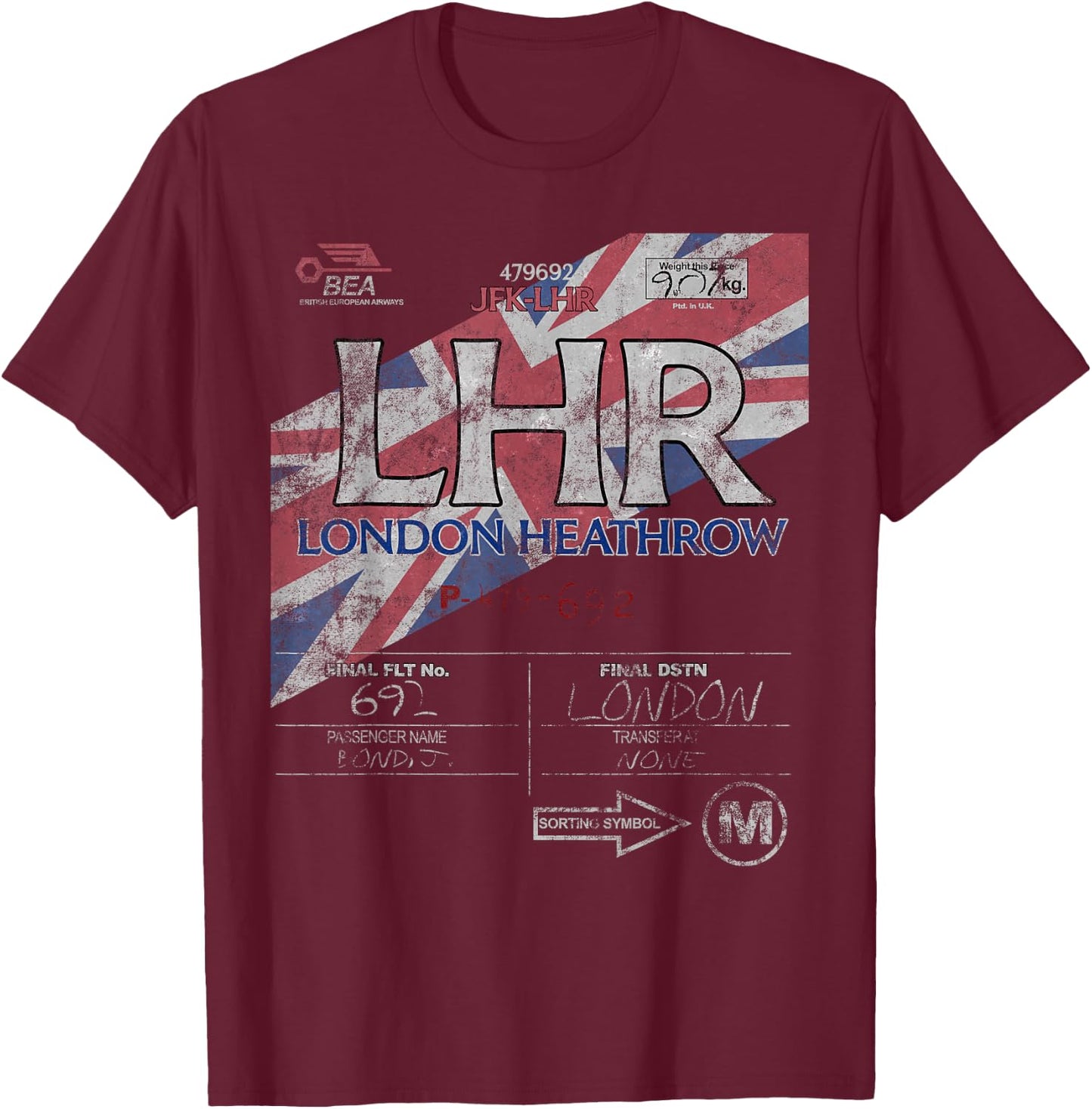 LHR London Heathrow Int'l Airport Vintage Airline Tag T-Shirt - T-Shirt | Maroon
