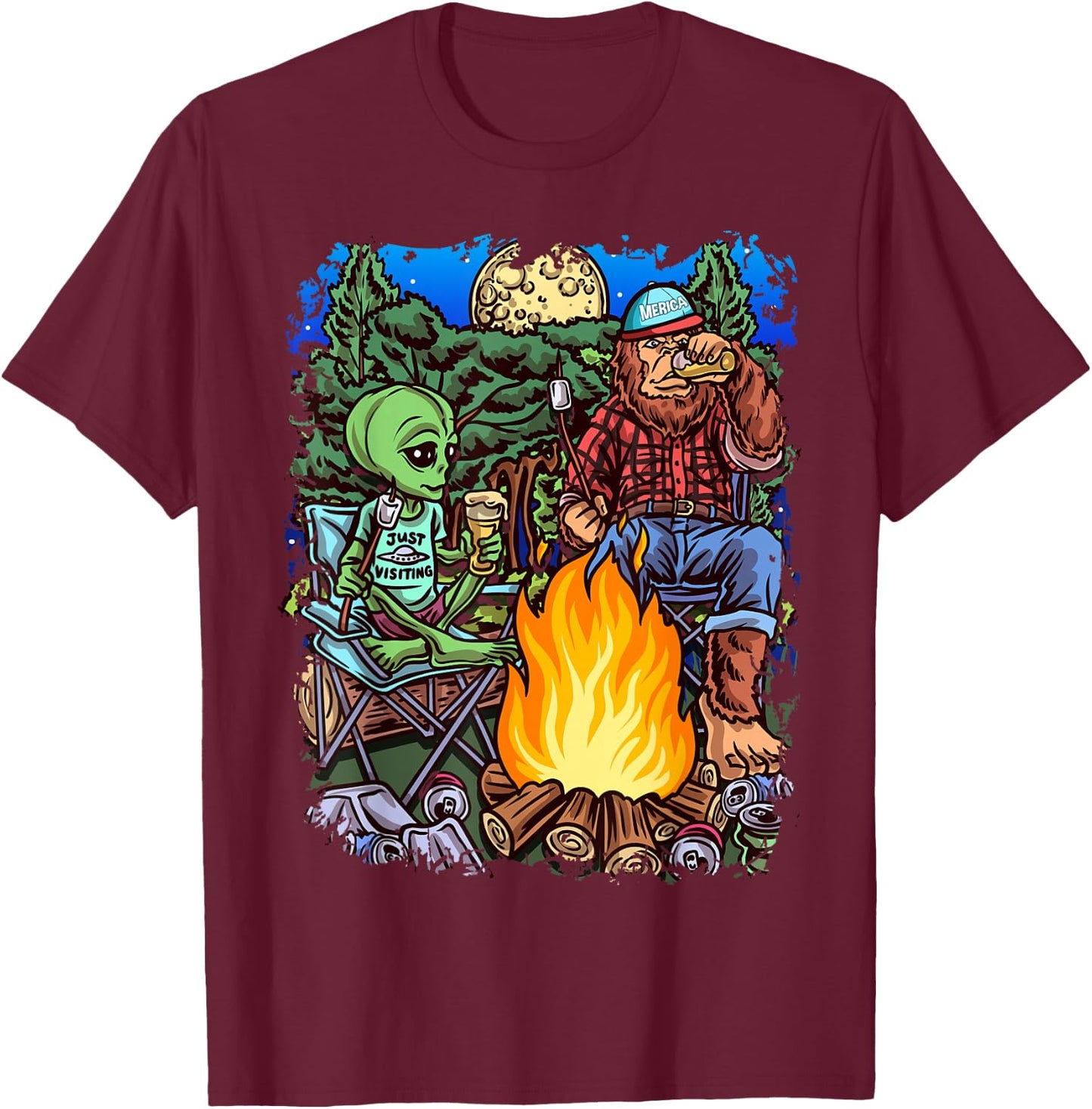 Funny Alien Camping Bigfoot Sasquatch Lumberjack Black Cotton Polyester , Men's Small, Short Sleeve, , Classic Fit, All Seasons, Imported T-Shirt - T-Shirt | Maroon