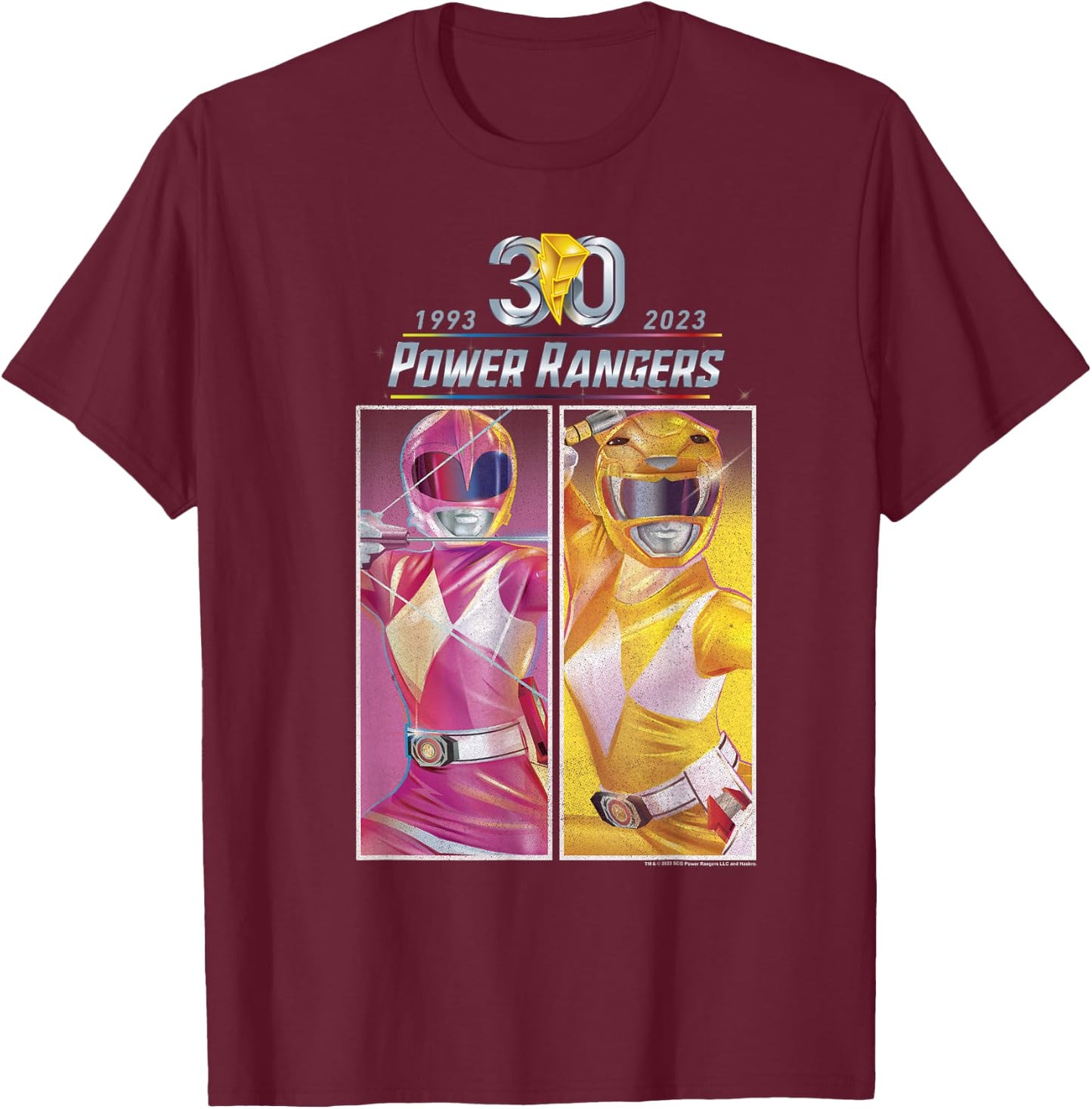 Power Rangers 30th Anniversary Pink & Yellow Retro Poster T-Shirt - T-Shirt | Maroon