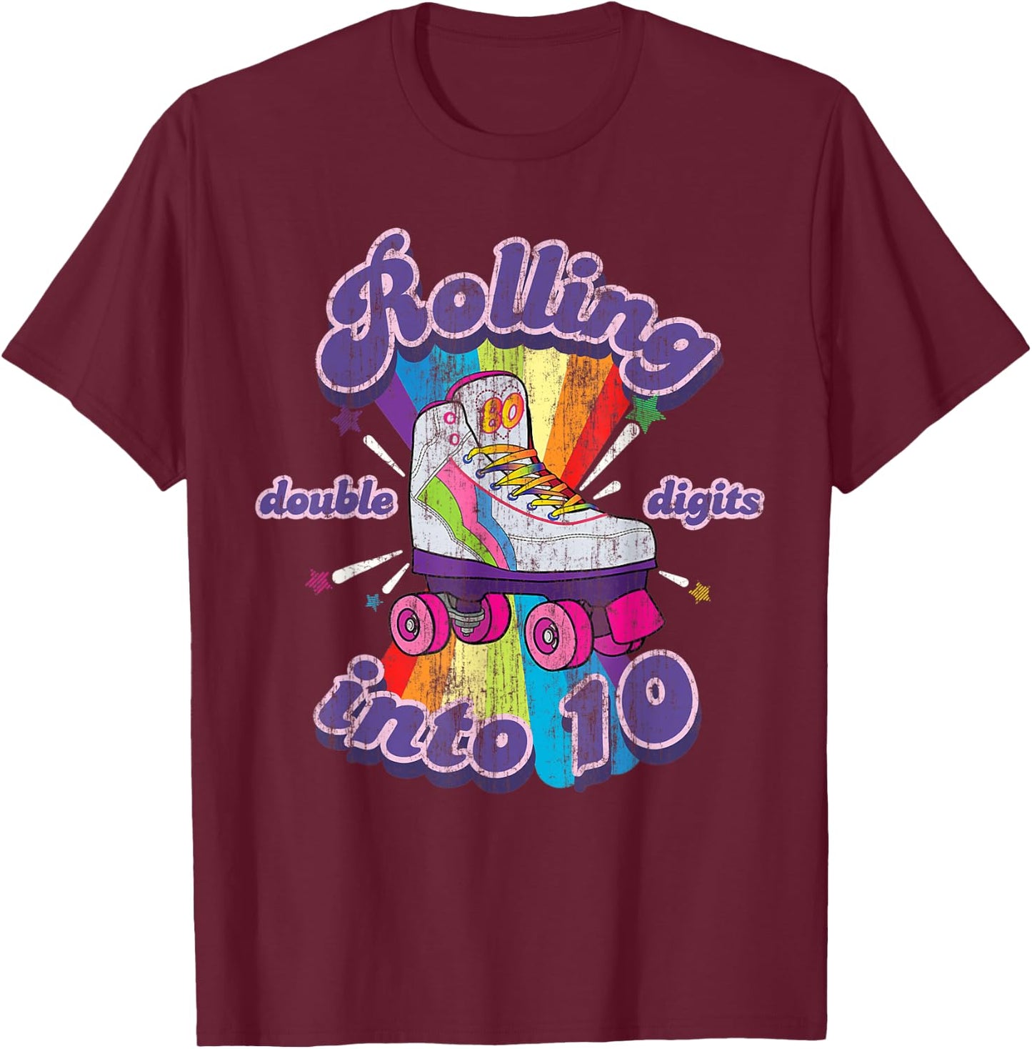 10 Years Old Birthday Girl Rolling Into 10th Double Digits T-Shirt - T-Shirt | Maroon