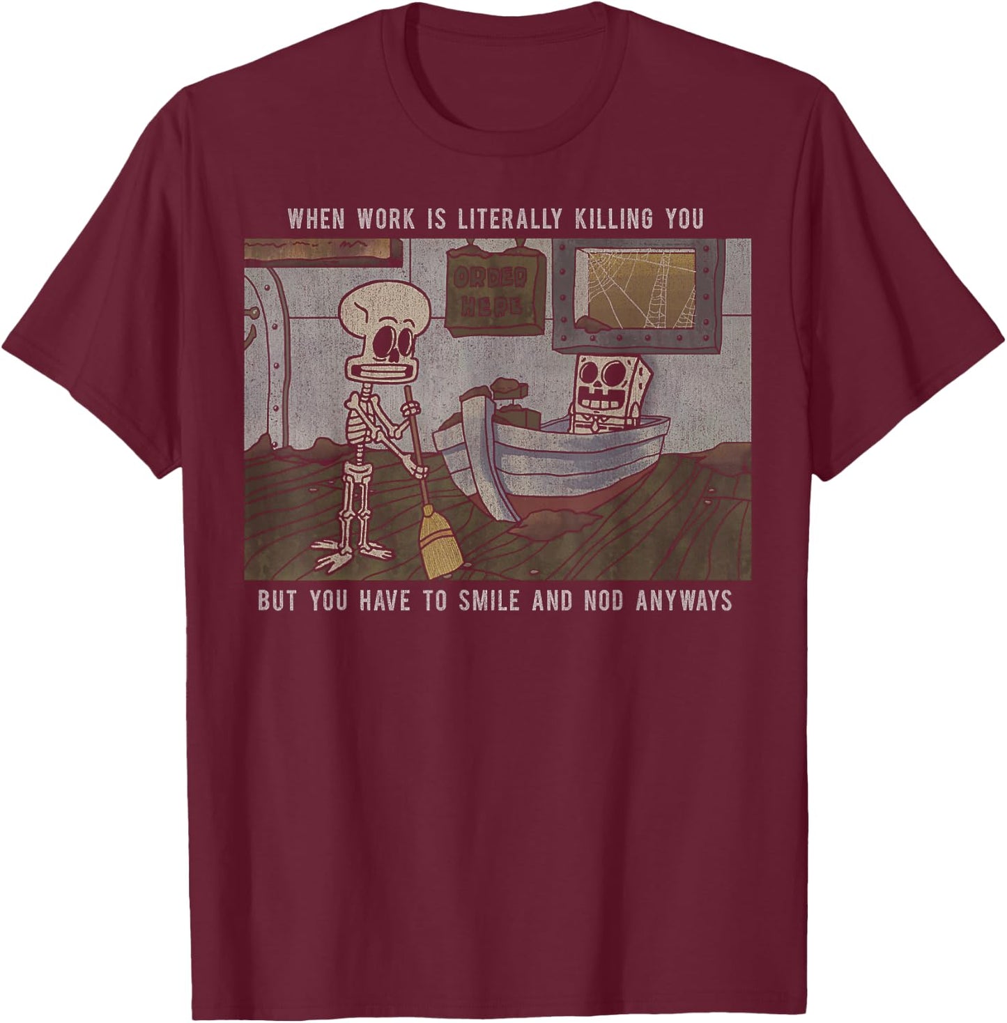 SpongeBob SquarePants Skeleton Meme Poster T-Shirt - T-Shirt | Maroon