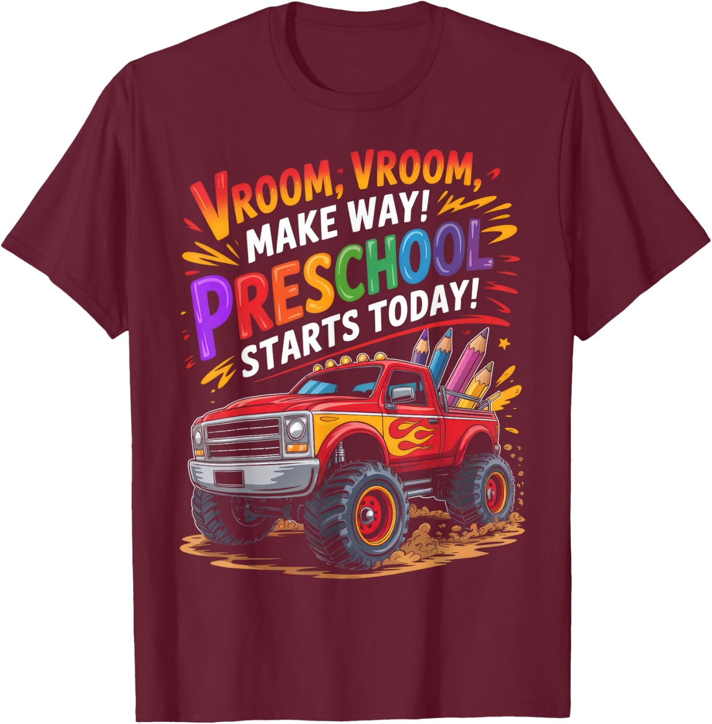 Back to School Preschool Pre-K Monster Truck First Day Boys T-Shirt - T-Shirt | Maroon