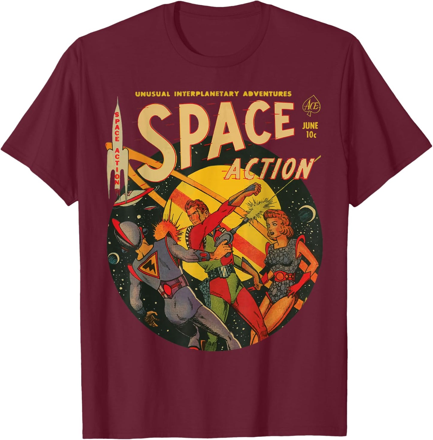 Space Action Comics, Vintage Sci-Fi Comic, 50's Comic, Retro T-Shirt - T-Shirt | Maroon