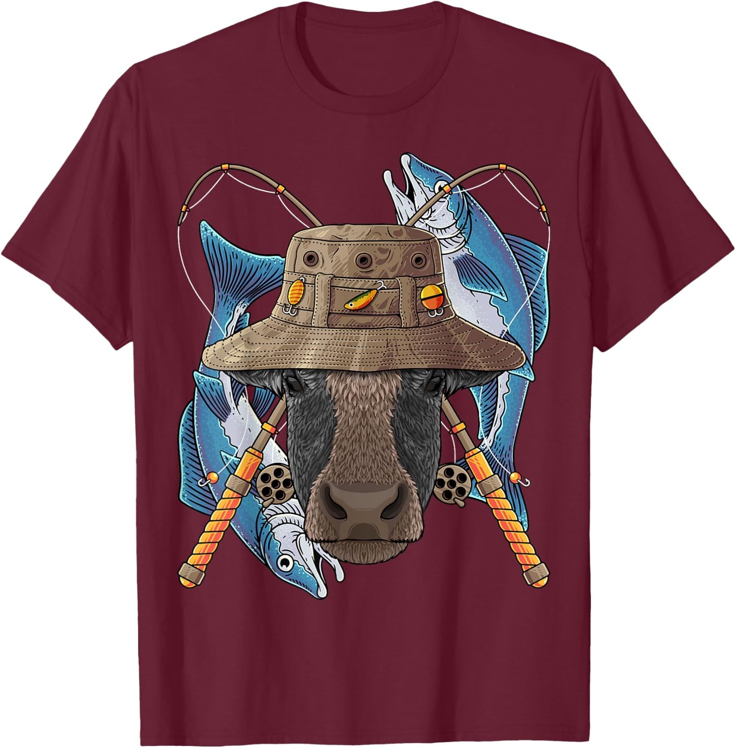 Fishing Cow Outdoor Fisherman Farm Animal Cute Fly Fishing T-Shirt - T-Shirt | Maroon