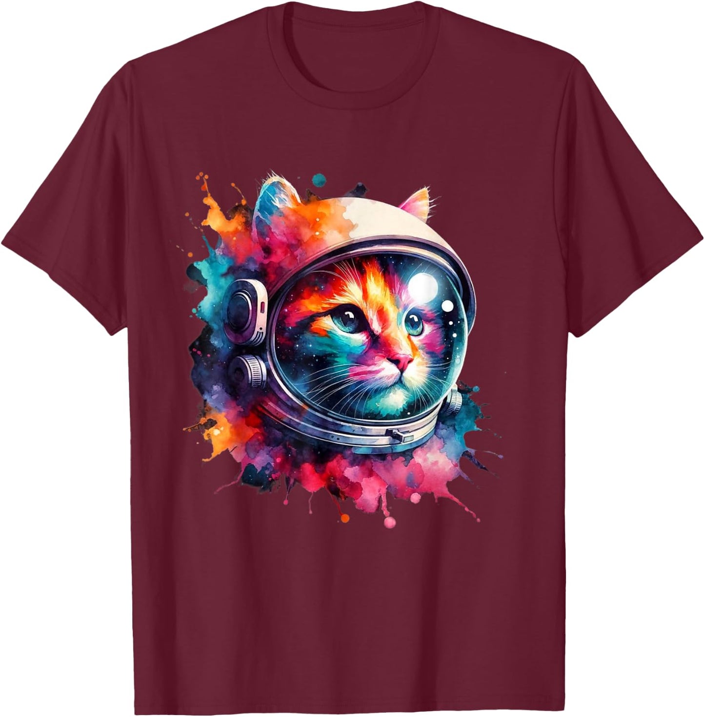 Funny Cat Astronaut Outer Space Watercolor Splash Cat Lover T-Shirt - T-Shirt | Maroon