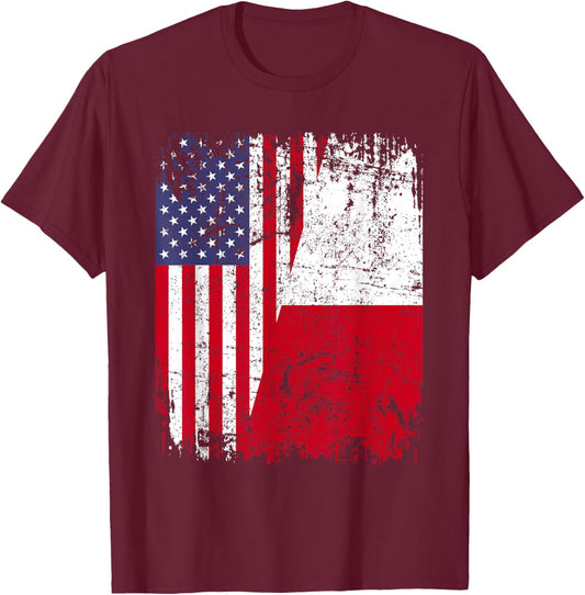POLISH ROOTS | Half American Flag | USA POLAND FLAG T-Shirt - T-Shirt | Maroon