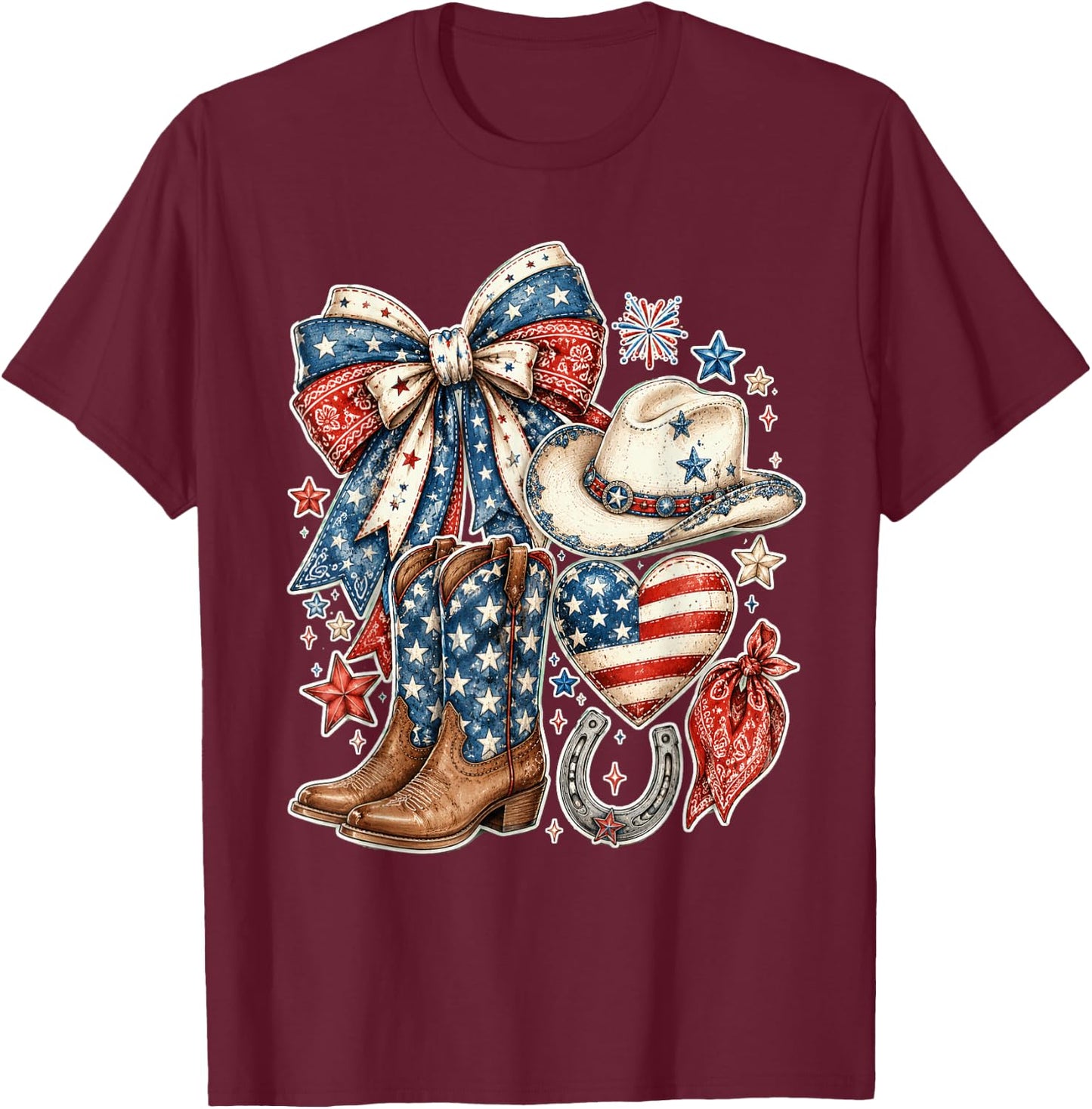 Western American Flag Farm Patriotic Cowgirl 4th of July T-Shirt - T-Shirt | Maroon