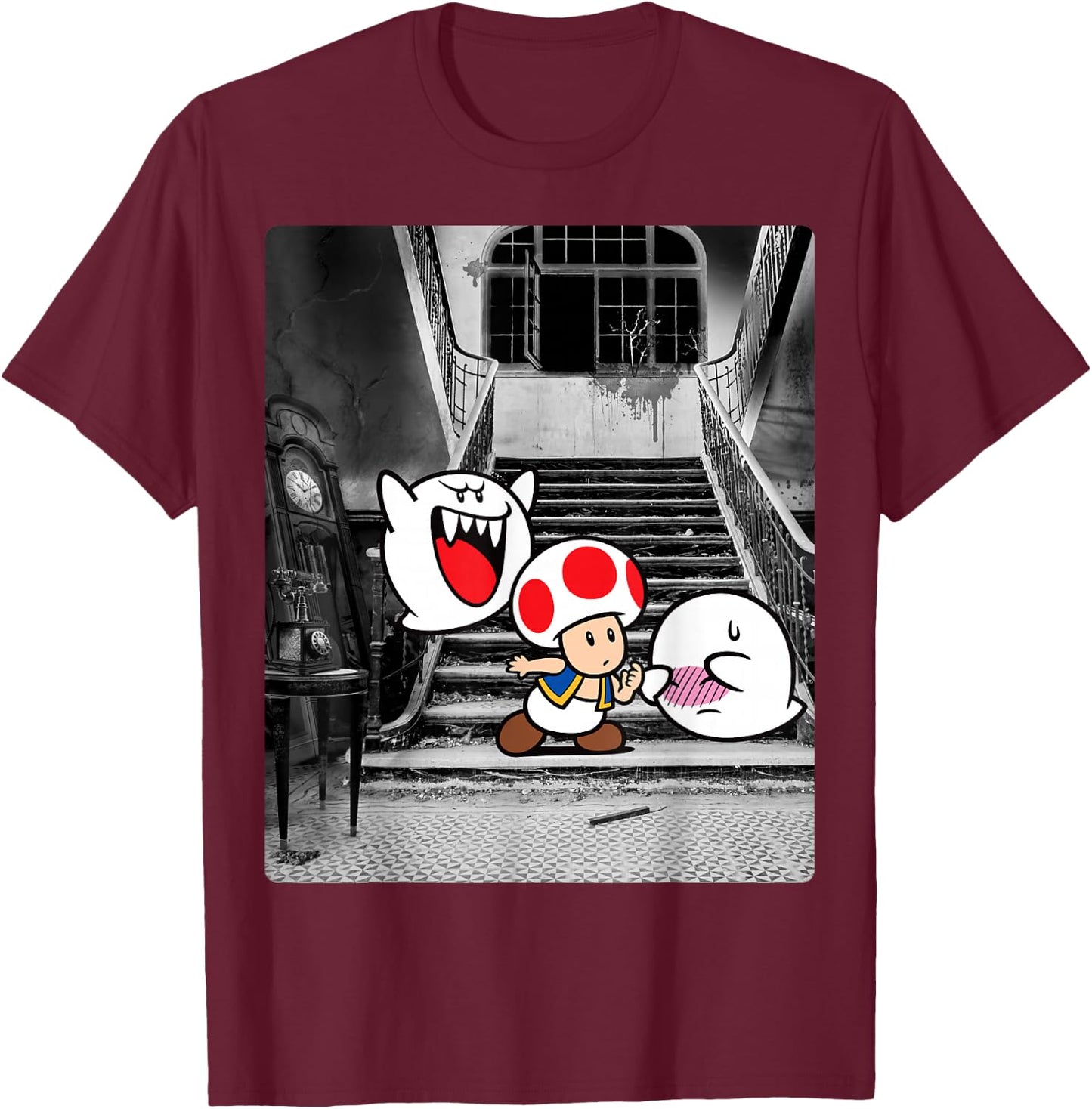 Super Mario Toad And Boo Haunted Mansion Portrait Poster T-Shirt - T-Shirt | Maroon