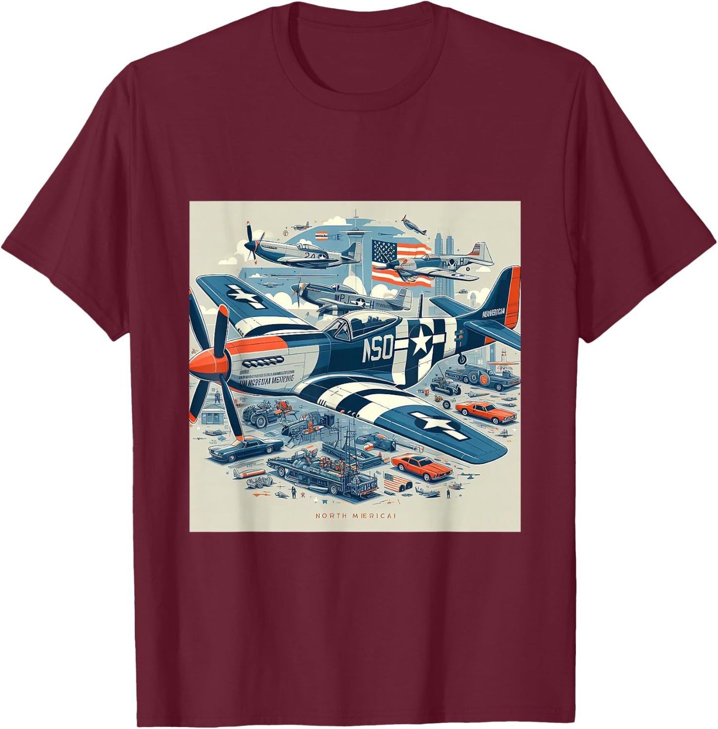 P51 Mustang WW2 Warplane US Airplane Infographics T-Shirt - T-Shirt | Maroon