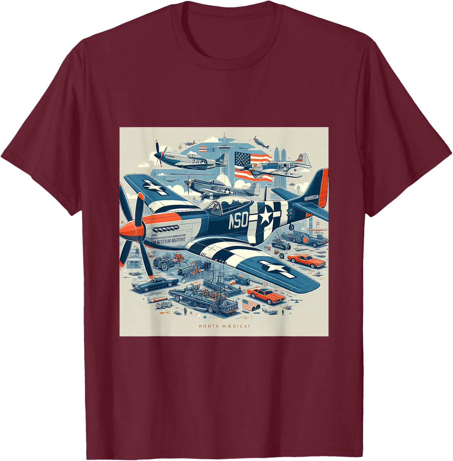 P51 Mustang WW2 Warplane US Airplane Infographics T-Shirt - T-Shirt | Maroon