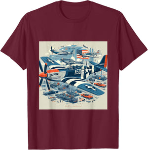 P51 Mustang WW2 Warplane US Airplane Infographics T-Shirt - T-Shirt | Maroon
