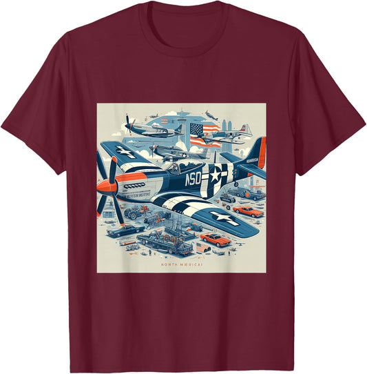P51 Mustang WW2 Warplane US Airplane Infographics T-Shirt - T-Shirt | Maroon