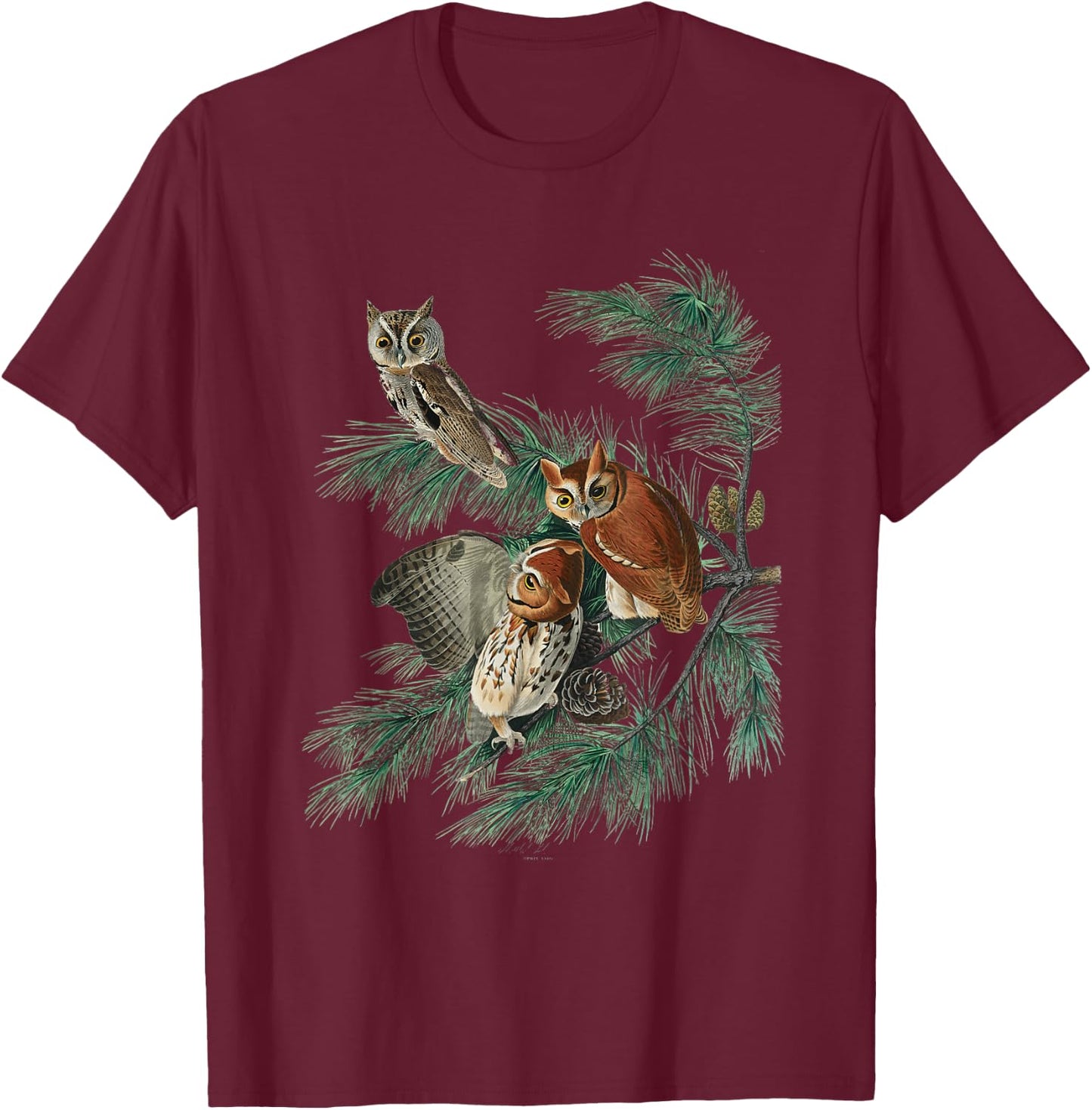 Vintage Little Screech Owl Bird Illustration & Women T-Shirt - T-Shirt | Maroon