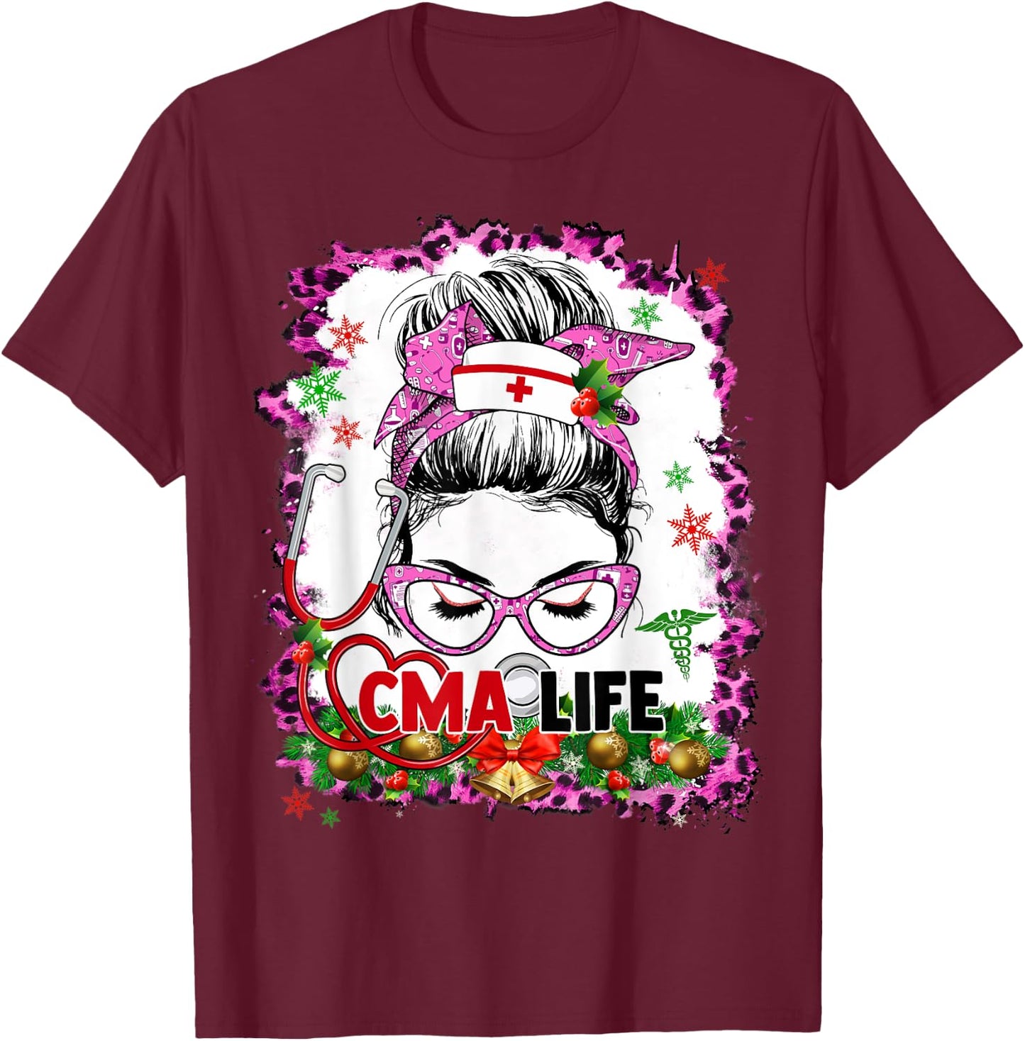 Messy Bun Mom CMA Life Funny Nursing Christmas Pajamas T-Shirt - T-Shirt | Maroon