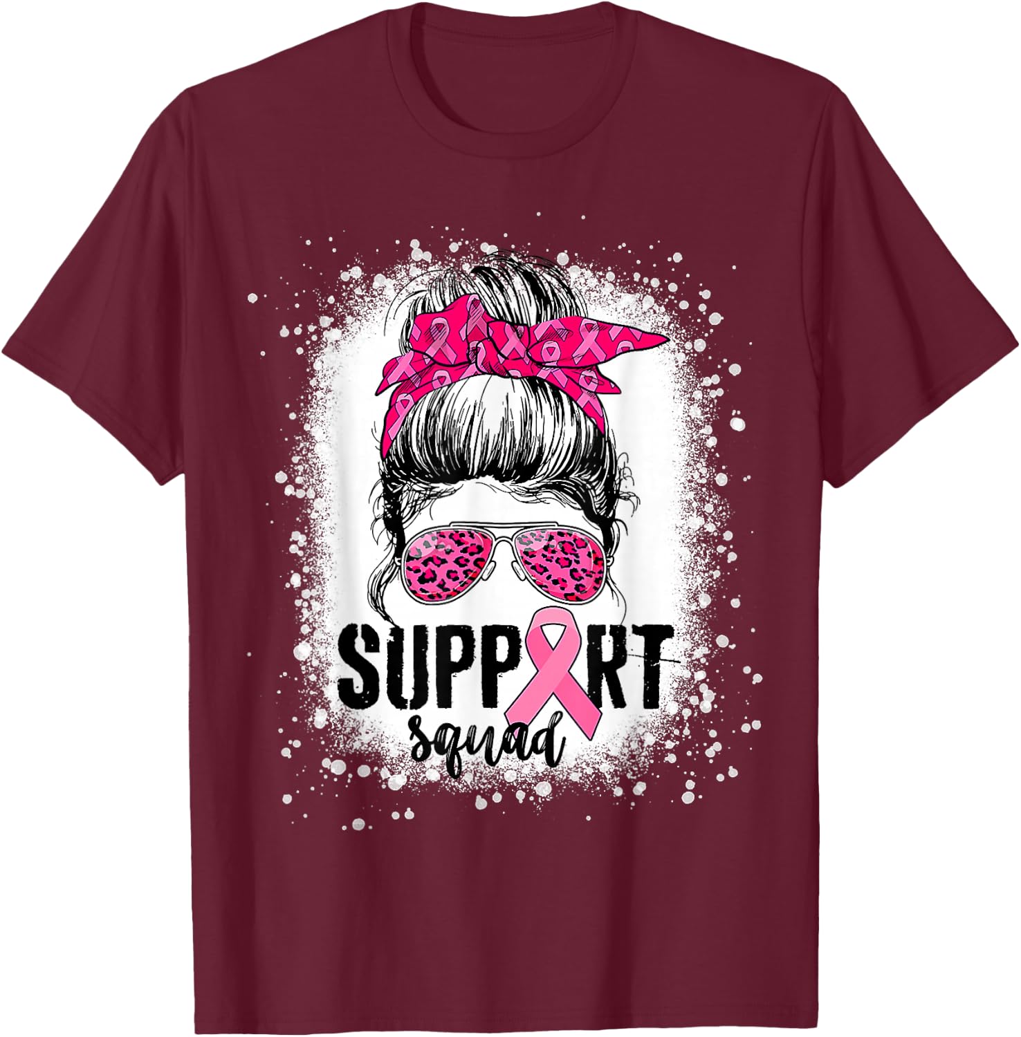 Support Squad Messy Bun Pink Warrior Breast Cancer Awareness T-Shirt - T-Shirt | Maroon