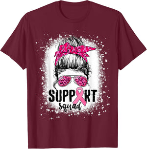 Support Squad Messy Bun Pink Warrior Breast Cancer Awareness T-Shirt - T-Shirt | Maroon