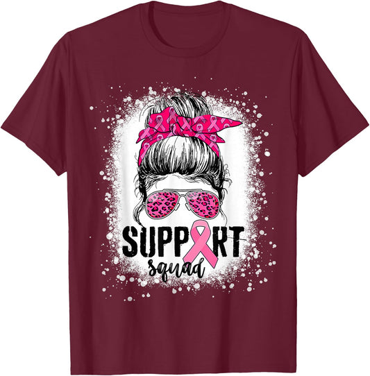 Support Squad Messy Bun Pink Warrior Breast Cancer Awareness T-Shirt - T-Shirt | Maroon