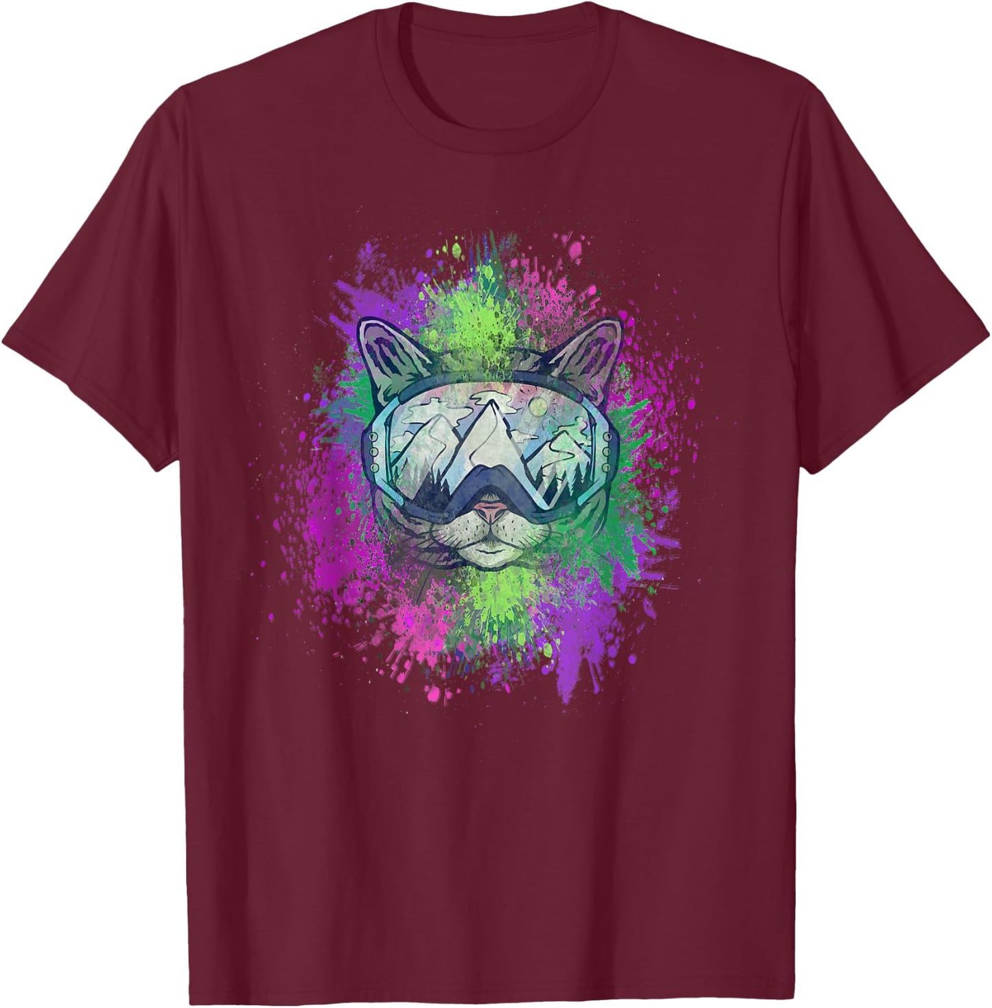 Ski Snowboard Cat Kitty Kitten Mountain Ape Snowman Goa Psy T-Shirt - T-Shirt | Maroon