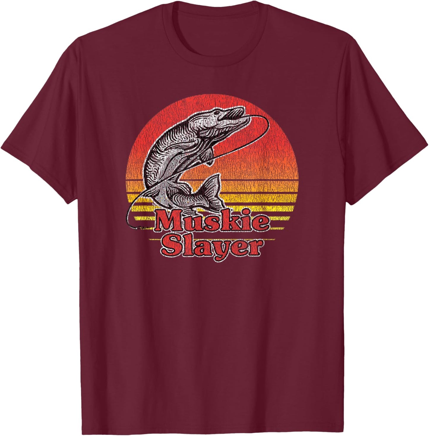 Muskie Slayer - Retro Vintage Look Muskellunge Fishing T-Shirt - T-Shirt | Maroon