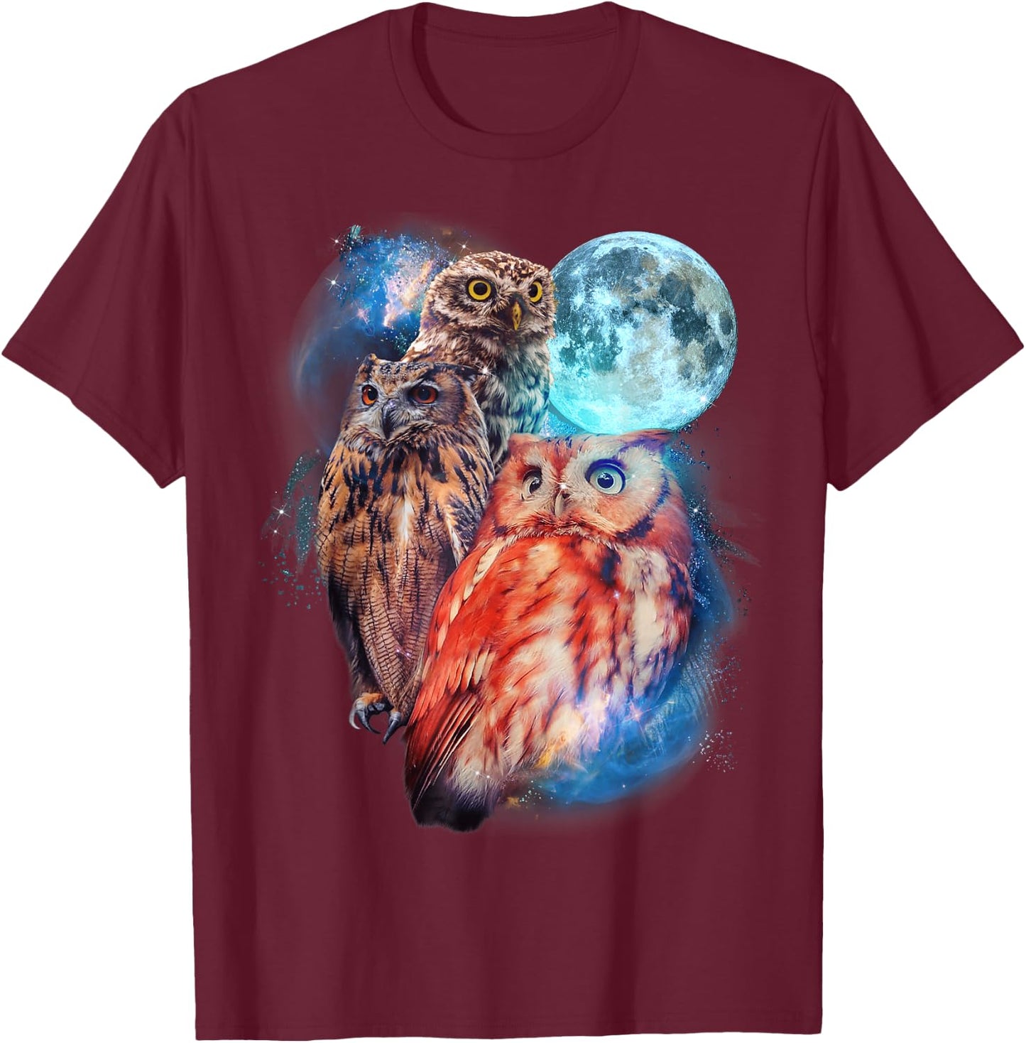 3 Moon Owl Funny Nocturnal Birds Of Prey Graphic Art Humor T-Shirt - T-Shirt | Maroon