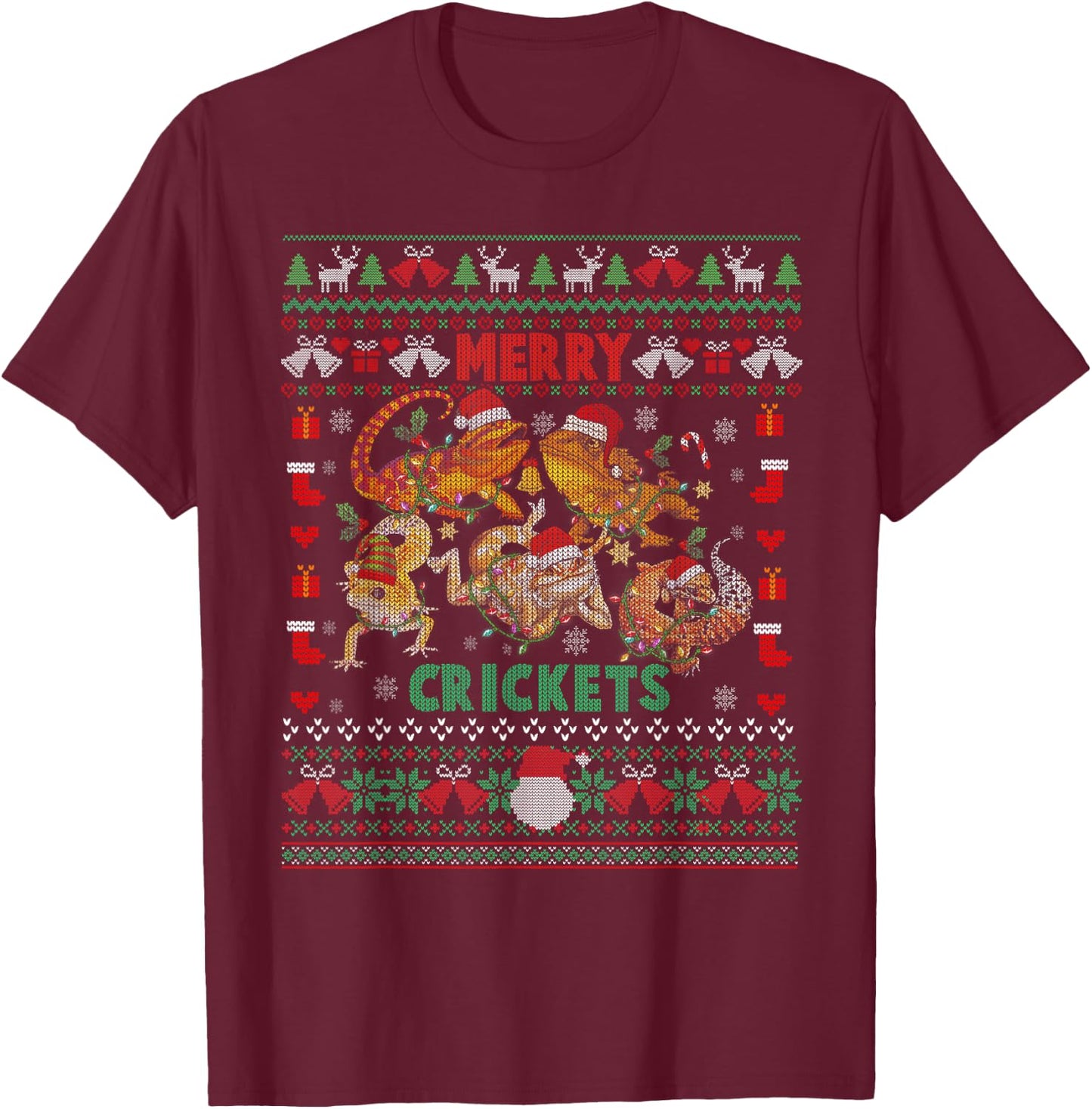 Merry Crickets Bearded Dragon Ugly Christmas Sweater T-Shirt - T-Shirt | Maroon
