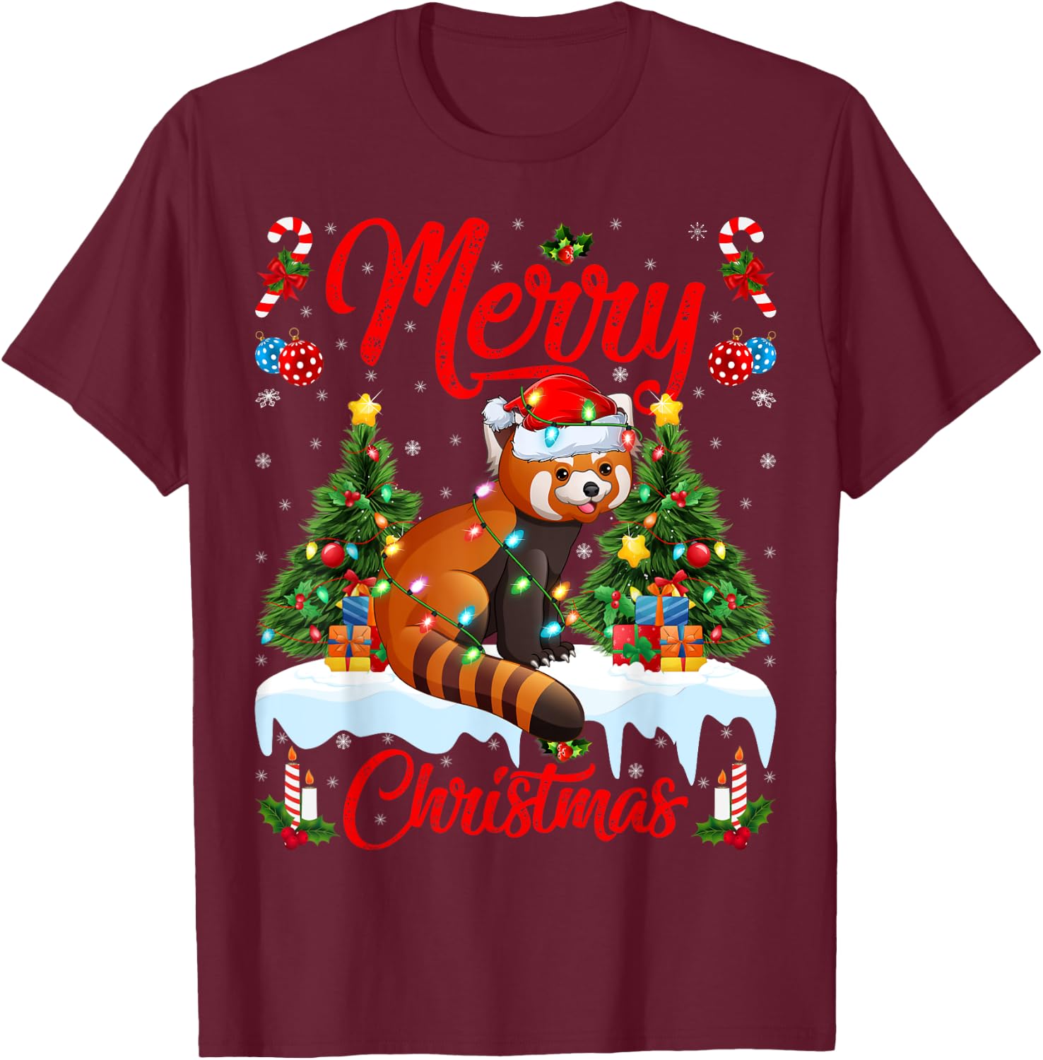 Red Panda Lover Xmas Lighting Santa Hat Red Panda Christmas T-Shirt - T-Shirt | Maroon