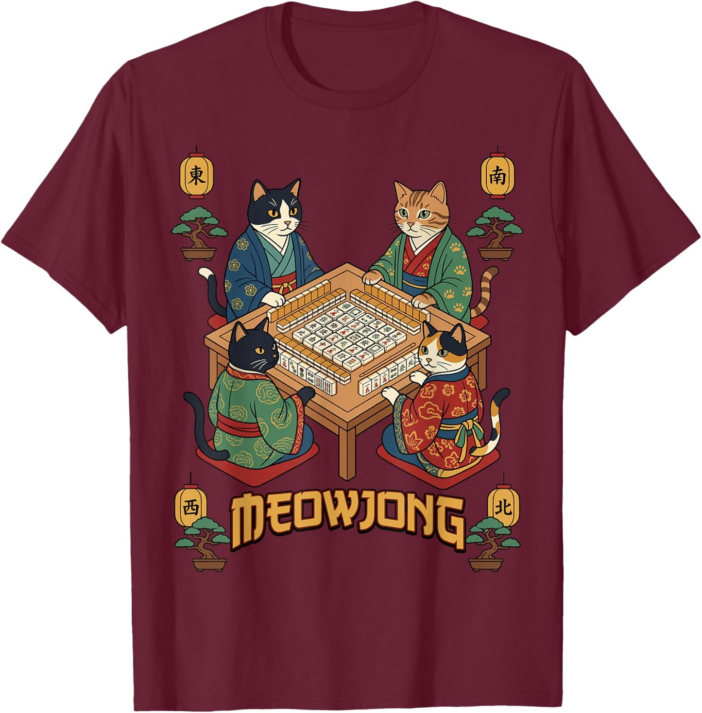 Cute Cats Playing Mahjong Meowjong Feline Game T-Shirt - T-Shirt | Maroon