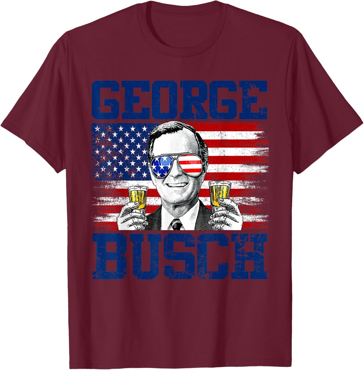 George 43rd President Drinking Beer Party USA Flag July 4th T-Shirt - T-Shirt | Maroon