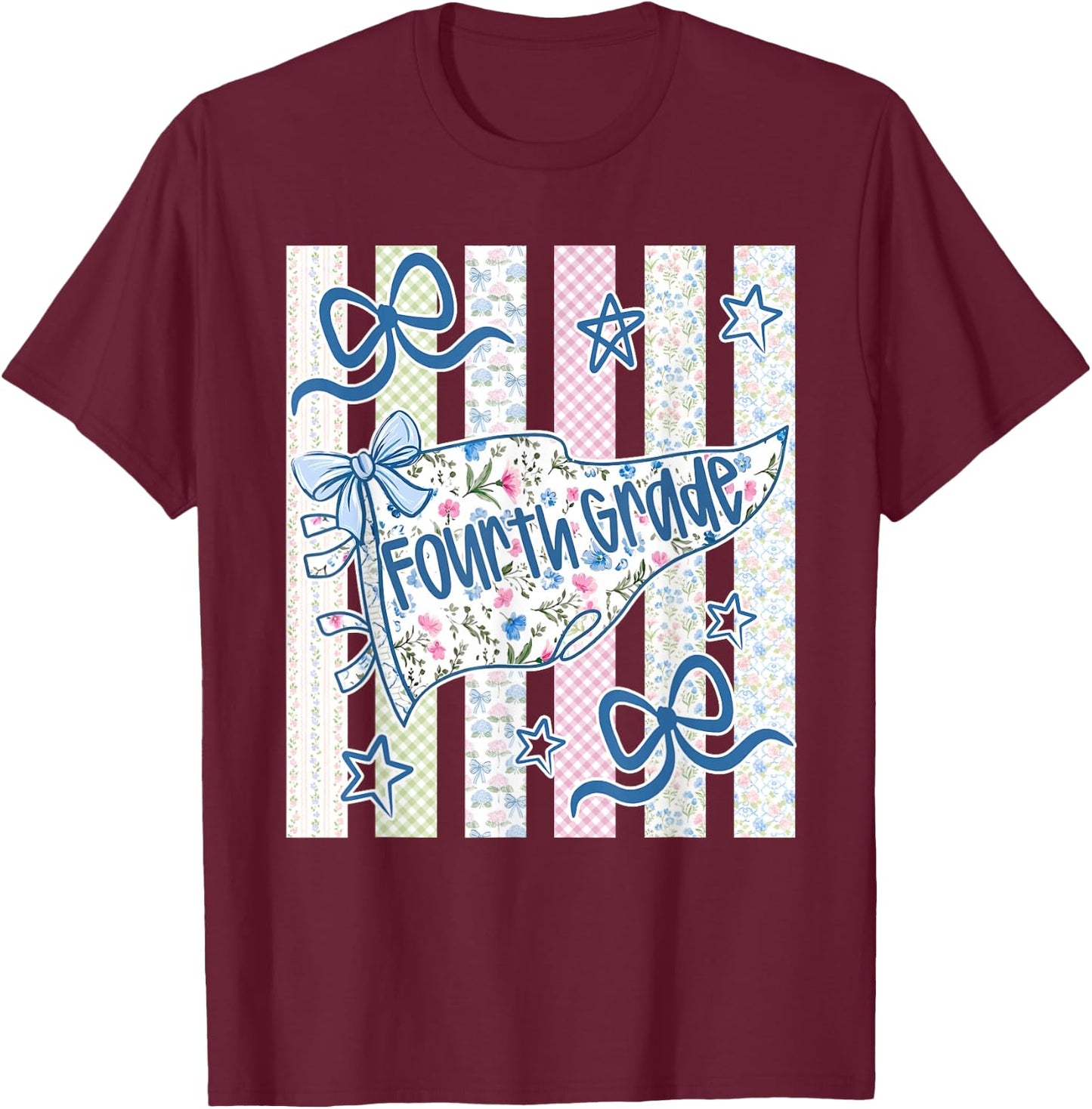Striped Preppy Fourth Grade Back to School Teacher Girl Kids T-Shirt - T-Shirt | Maroon