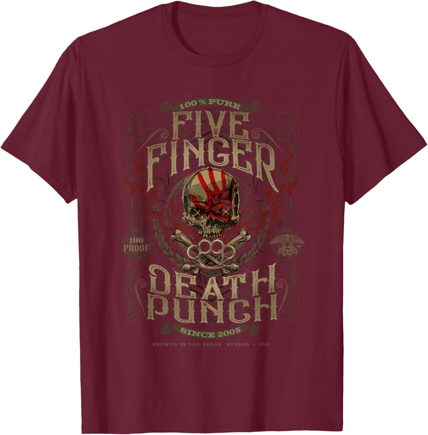 Five Finger Death Punch - 100 Proof - -Adult, Black, Small T-Shirt - T-Shirt | Maroon