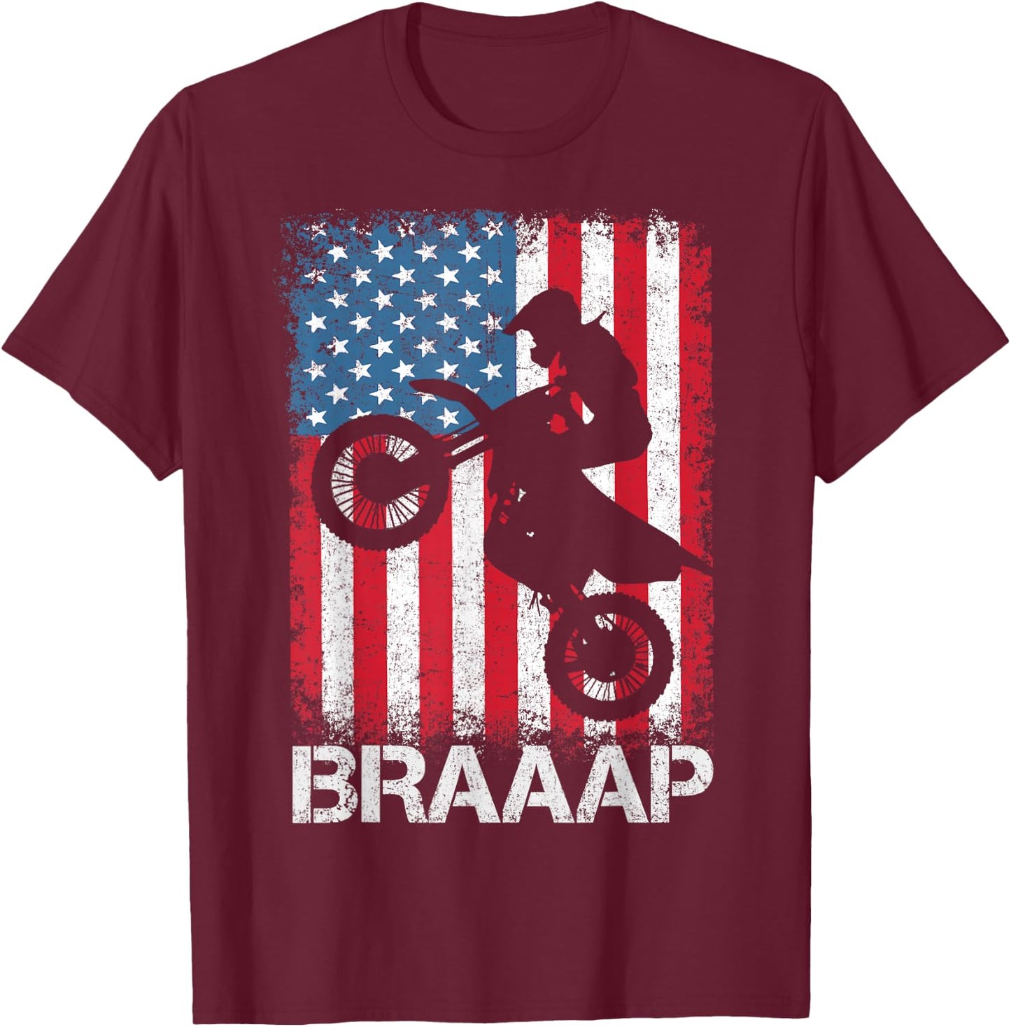 Braaap Vintage USA American Flag Motocross Dirt Bike T-Shirt - T-Shirt | Maroon