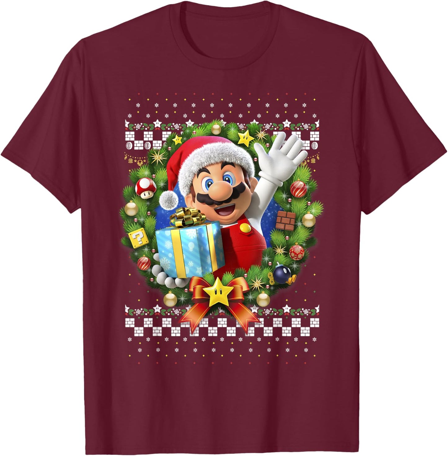 Super Mario Christmas Ugly Sweater Mario Present T-Shirt - T-Shirt | Maroon