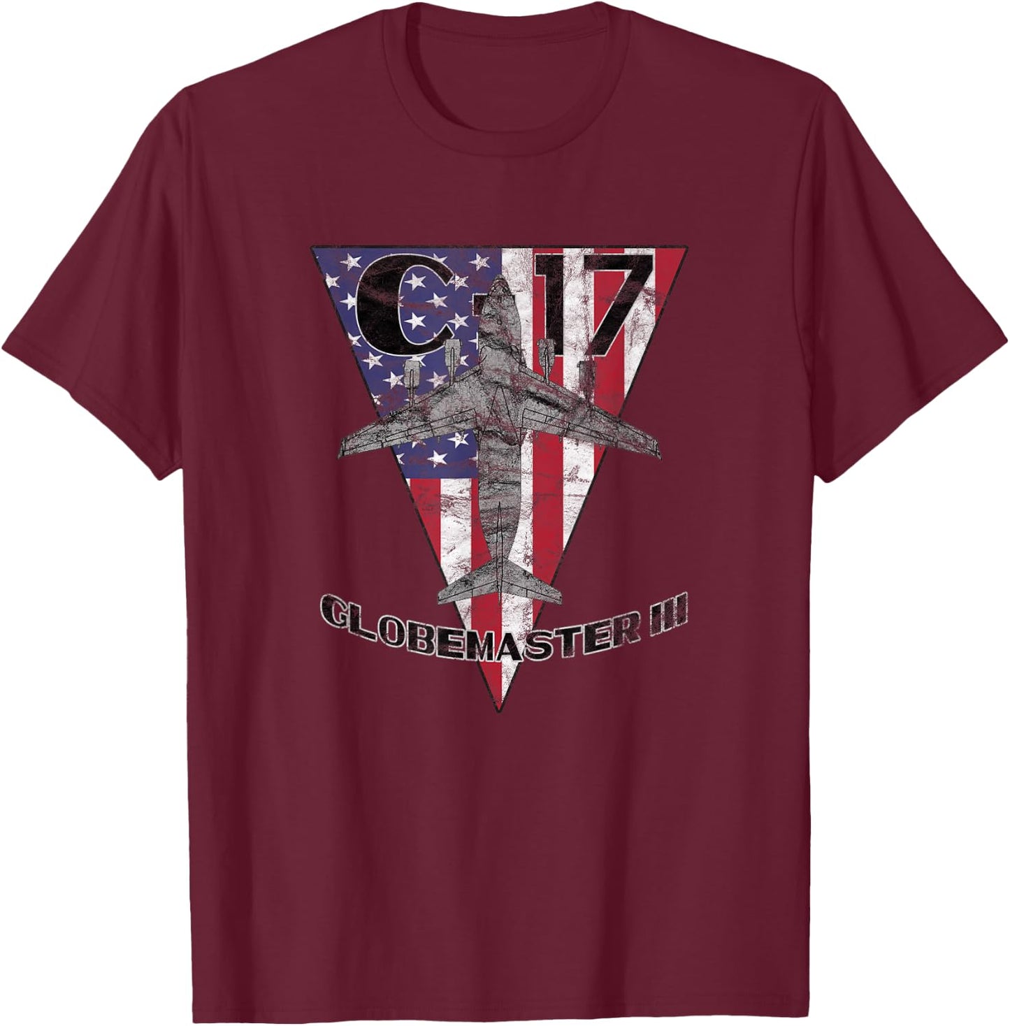 C-17 Globemaster III Patriotic Vintage Military Aircraft T-Shirt - T-Shirt | Maroon