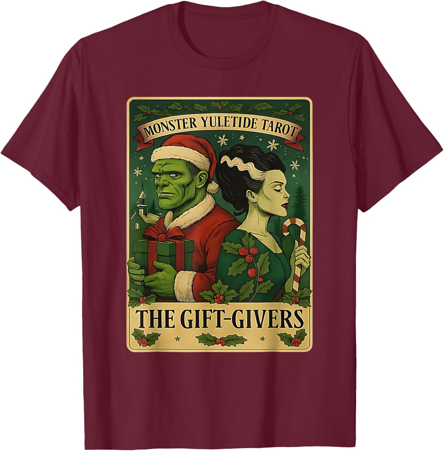 Christmas Frankenstein and Bride The Lovers Tarot Card T-Shirt - T-Shirt | Maroon
