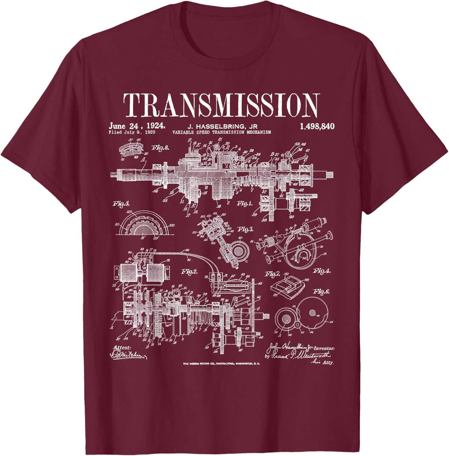 Car Motor Gear Vintage Patent Print T-Shirt - T-Shirt | Maroon