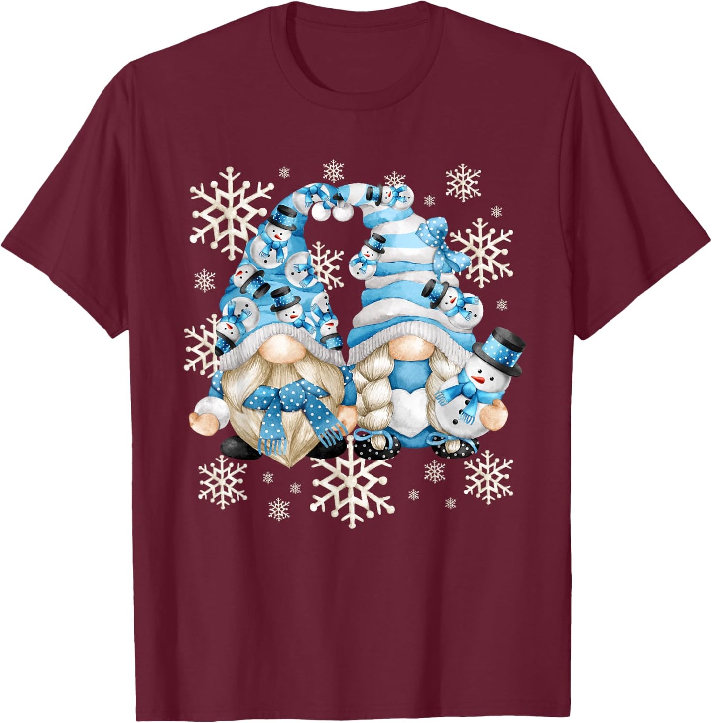 Funny Snowman Gnomies With Snowflake Decor Cute Winter Gnome T-Shirt - T-Shirt | Maroon