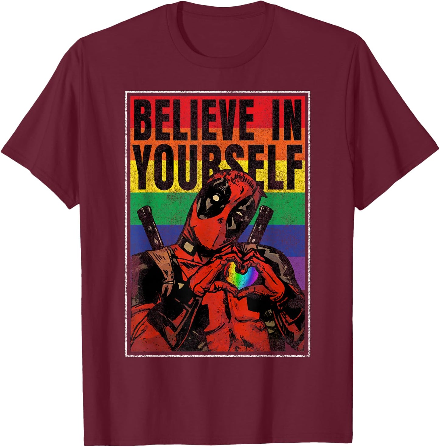 Marvel Deadpool Believe in Yourself Rainbow Poster Small T-Shirt - T-Shirt | Maroon