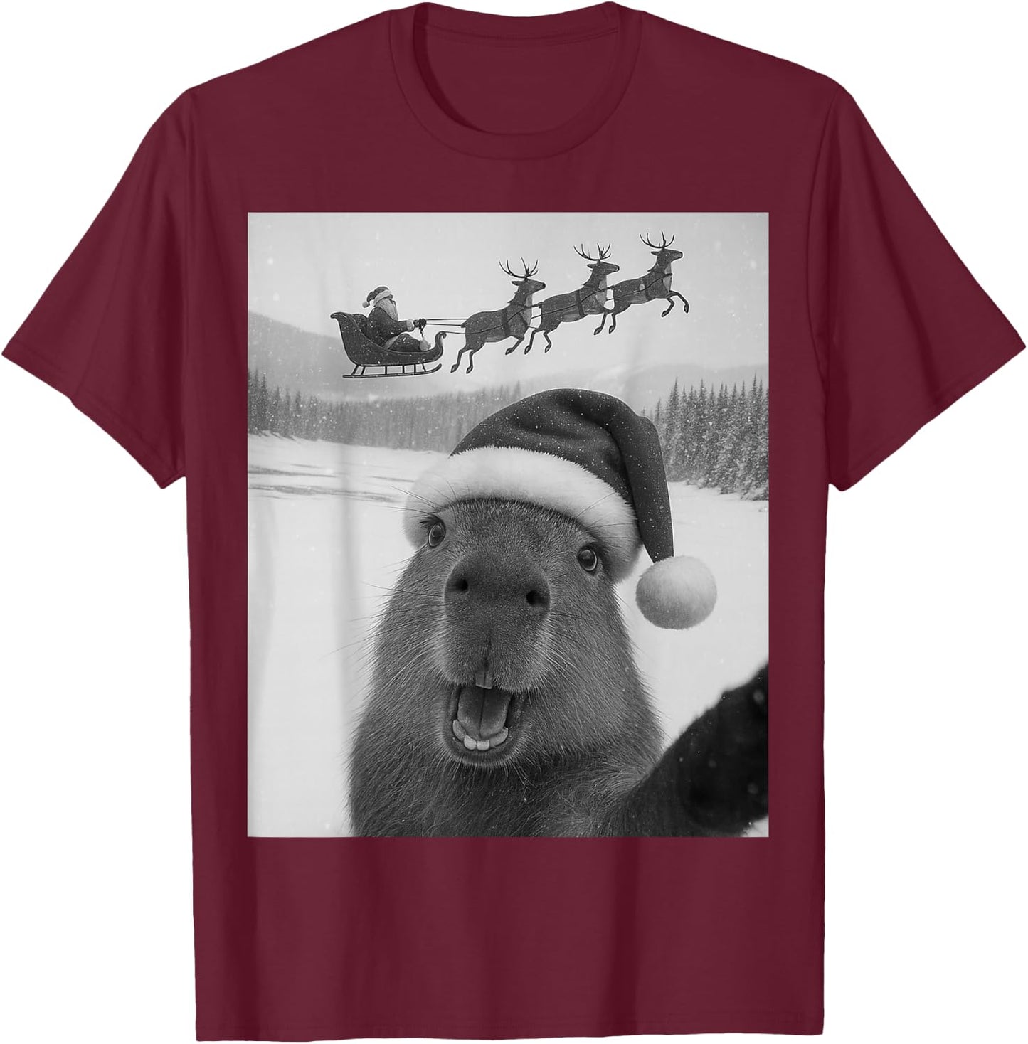 Capybara Selfie with Santa Funny Christmas Kids T-Shirt - T-Shirt | Maroon