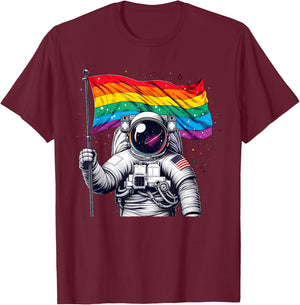 Funny Astronaut Rainbow Flag Space Lgbtq Gay Pride Ally T-Shirt - T-Shirt | Maroon