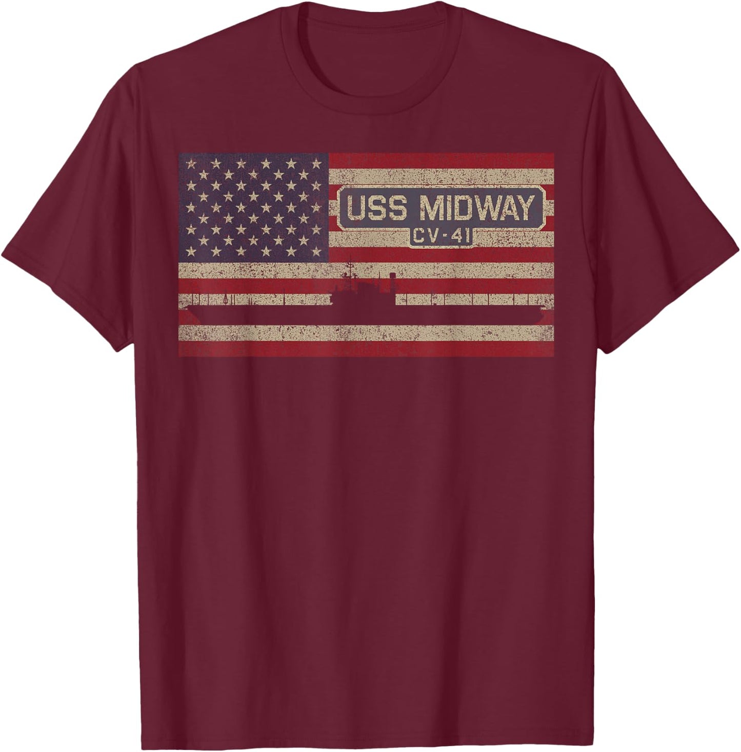 USS Midway CV-41 Aircraft Carrier American Flag T-Shirt - T-Shirt | Maroon