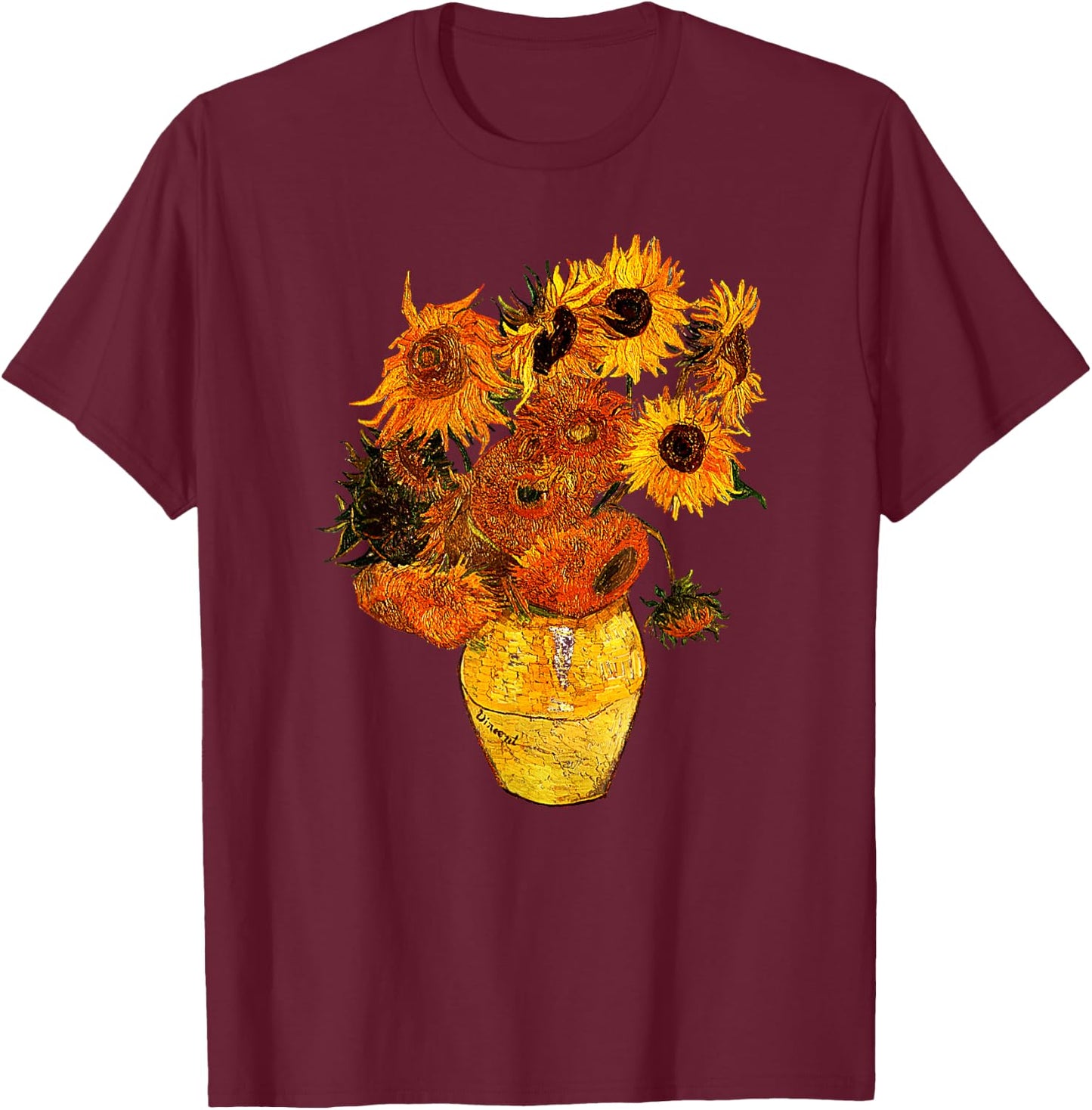 Van Gogh Sunflowers Vintage Yellow Flowers Art Painting T-Shirt - T-Shirt | Maroon