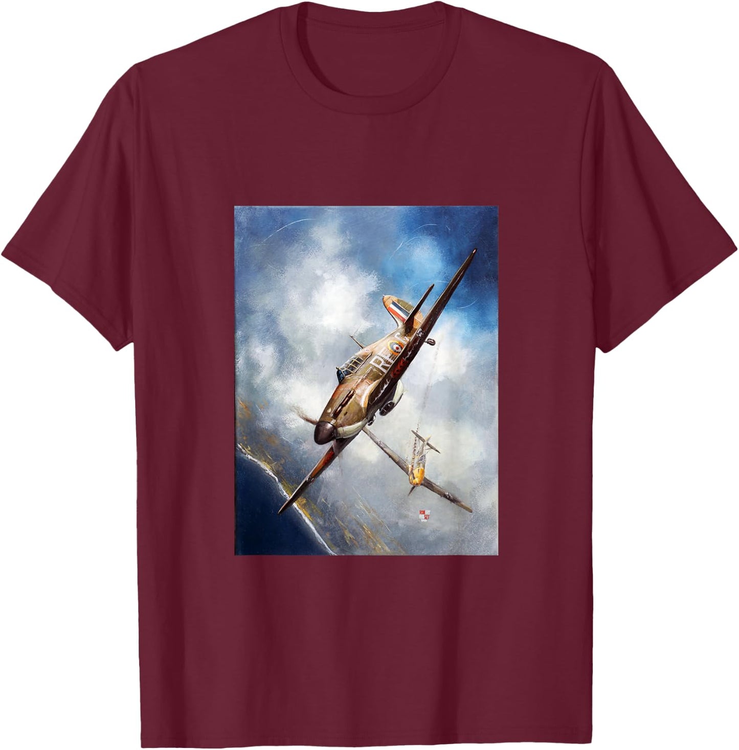 US Art Force LLC Hawker Hurricane Airplane Polish RAF Squadron 303 Black Small Classic Fit Short Sleeve T-Shirt - T-Shirt | Maroon