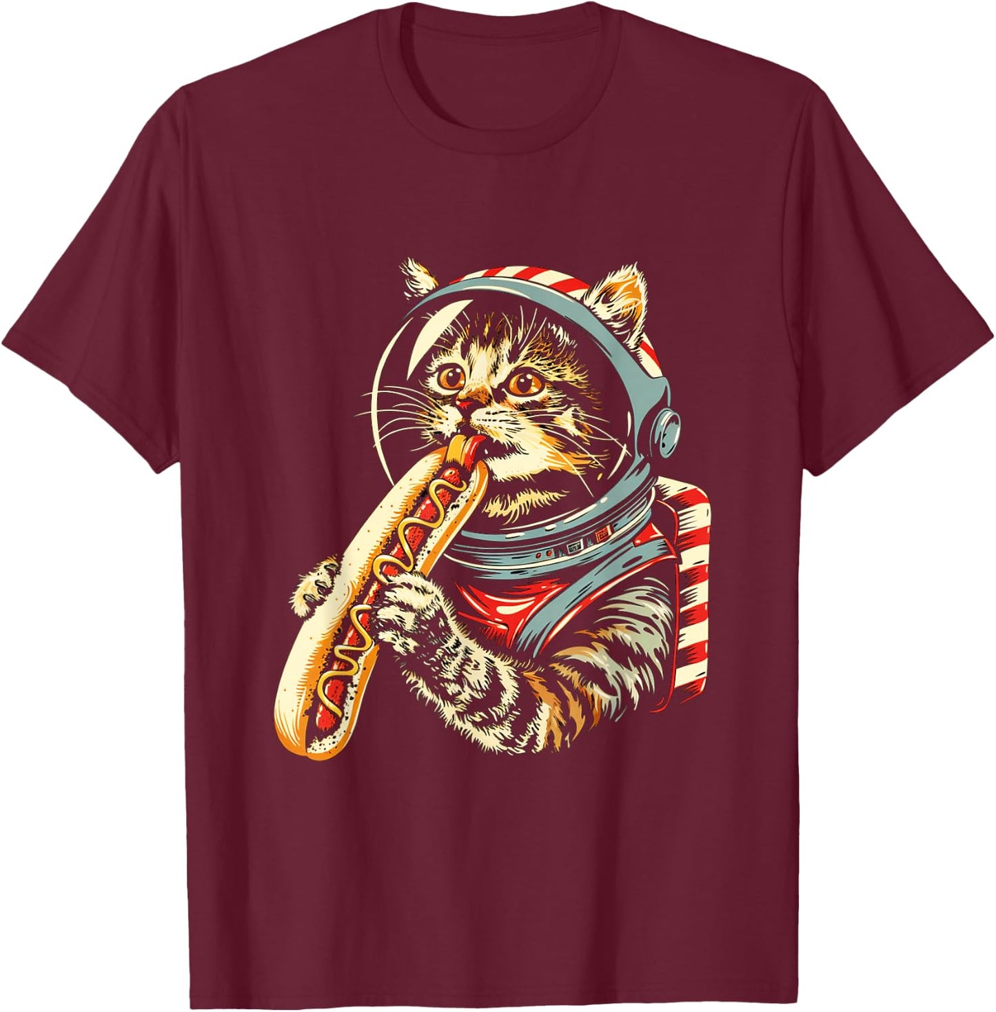 Space Astronaut Cat Eating Hotdog Funny Cat T-Shirt - T-Shirt | Maroon