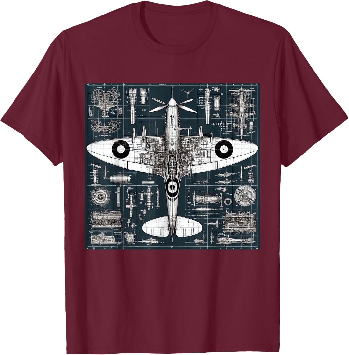 WW2 Warplane Spitfire Anatomy Assembly Parts Blueprint T-Shirt - T-Shirt | Maroon