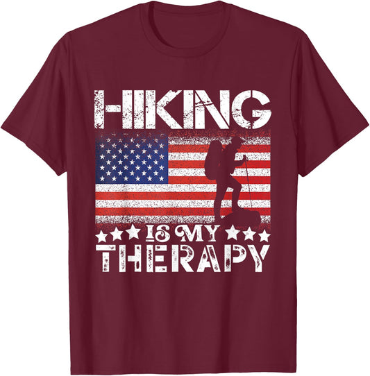 Patriotic Flags Hiking is My Therapy Hiking Lovers USA T-Shirt - T-Shirt | Maroon