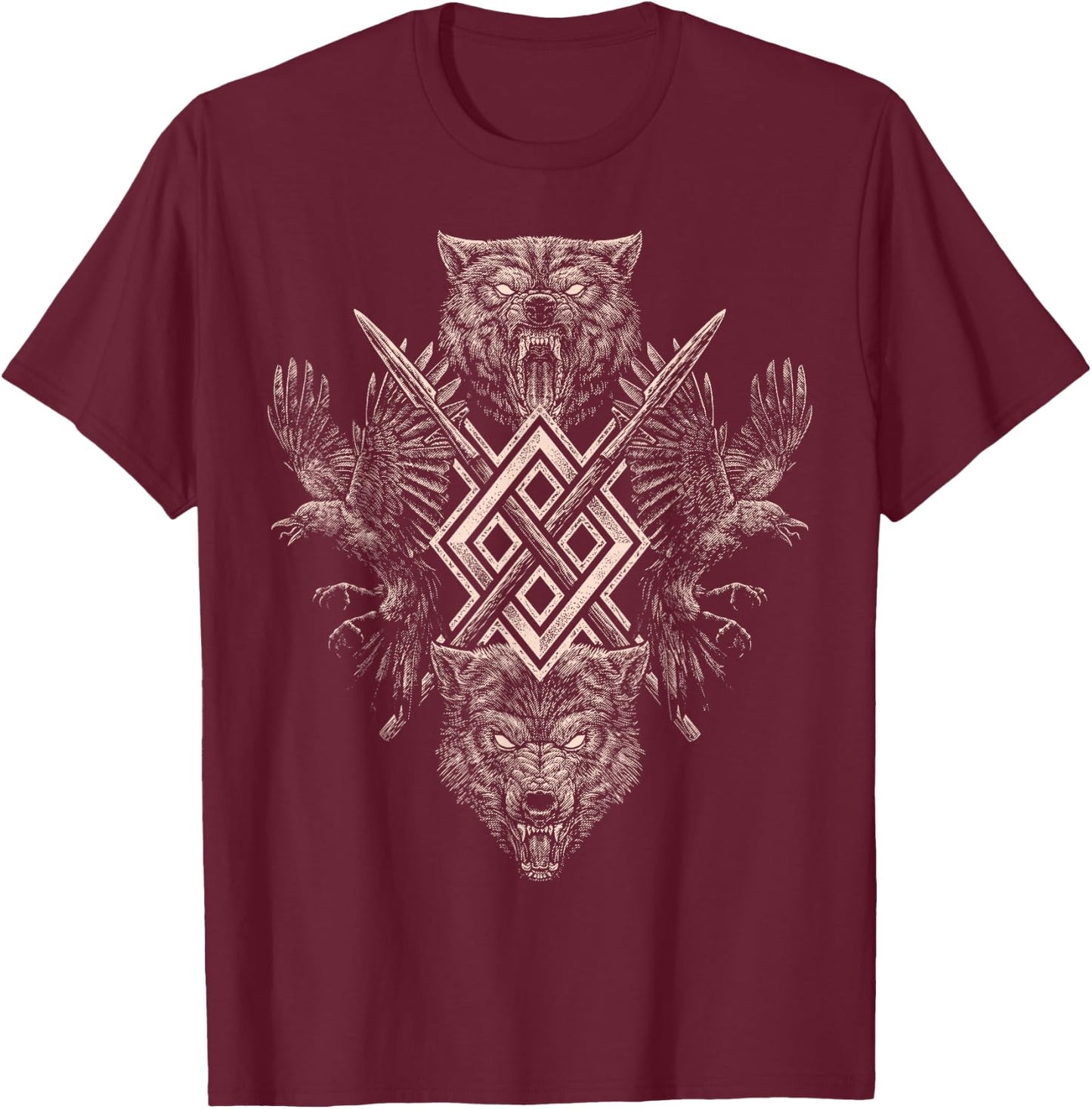 Norse Viking Wolf Raven of Odin with Pagan Gungnir Symbol T-Shirt - T-Shirt | Maroon