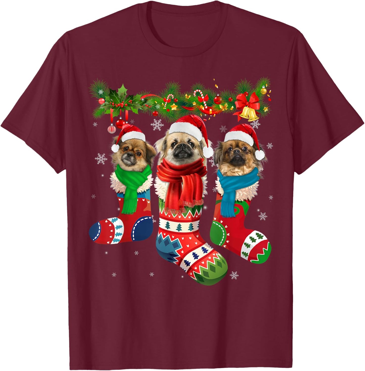 Three Tibetan spaniels In Christmas Socks T-Shirt - T-Shirt | Maroon