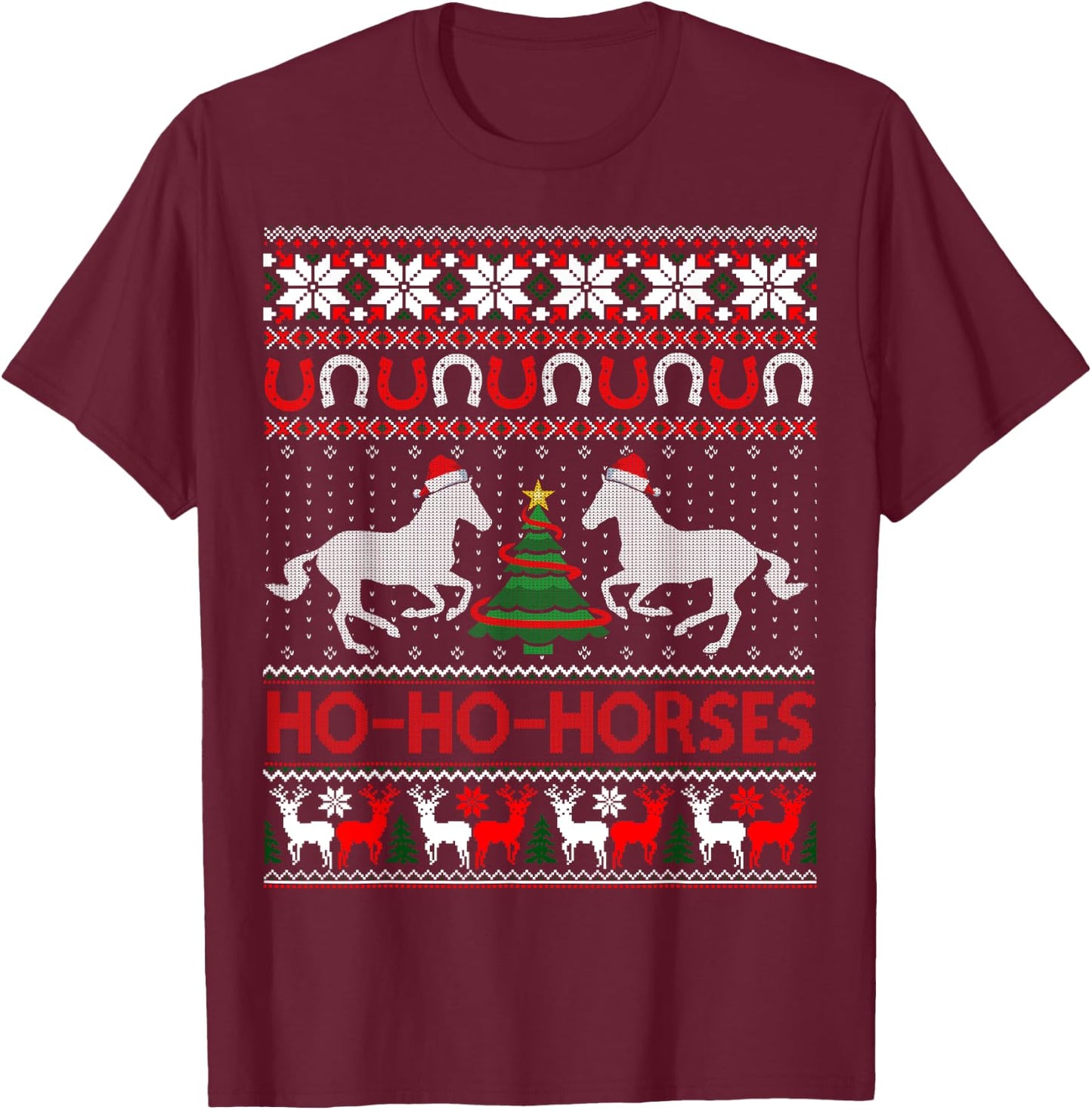 Ho Horses Xmas Ugly Christmas Sweater Equestrian T-Shirt - T-Shirt | Maroon