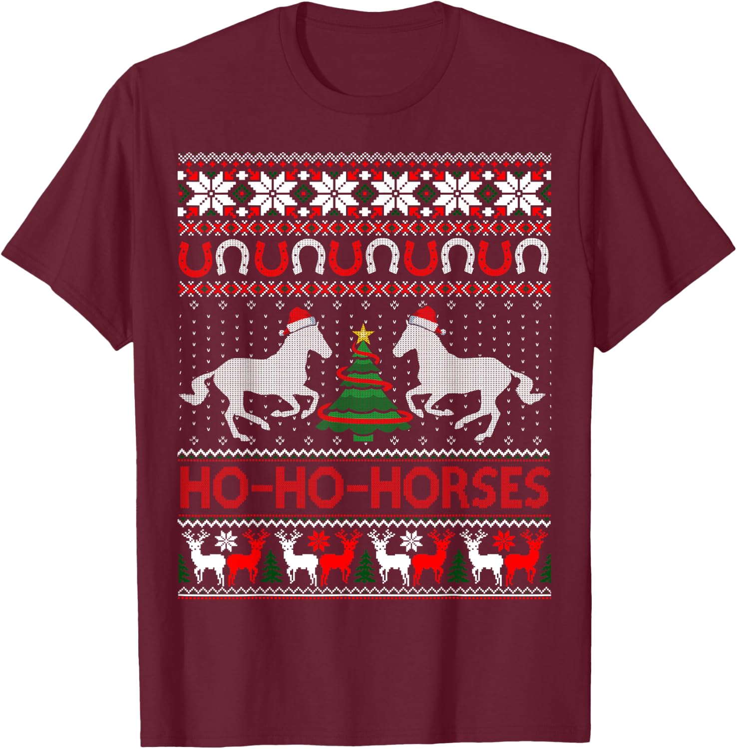 Ho Horses Xmas Ugly Christmas Sweater Equestrian T-Shirt - T-Shirt | Maroon