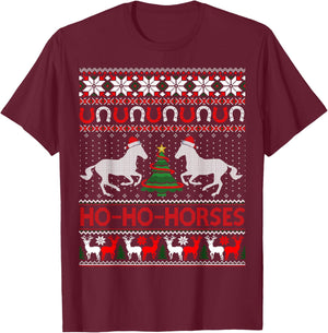 Ho Horses Xmas Ugly Christmas Sweater Equestrian T-Shirt - T-Shirt | Maroon